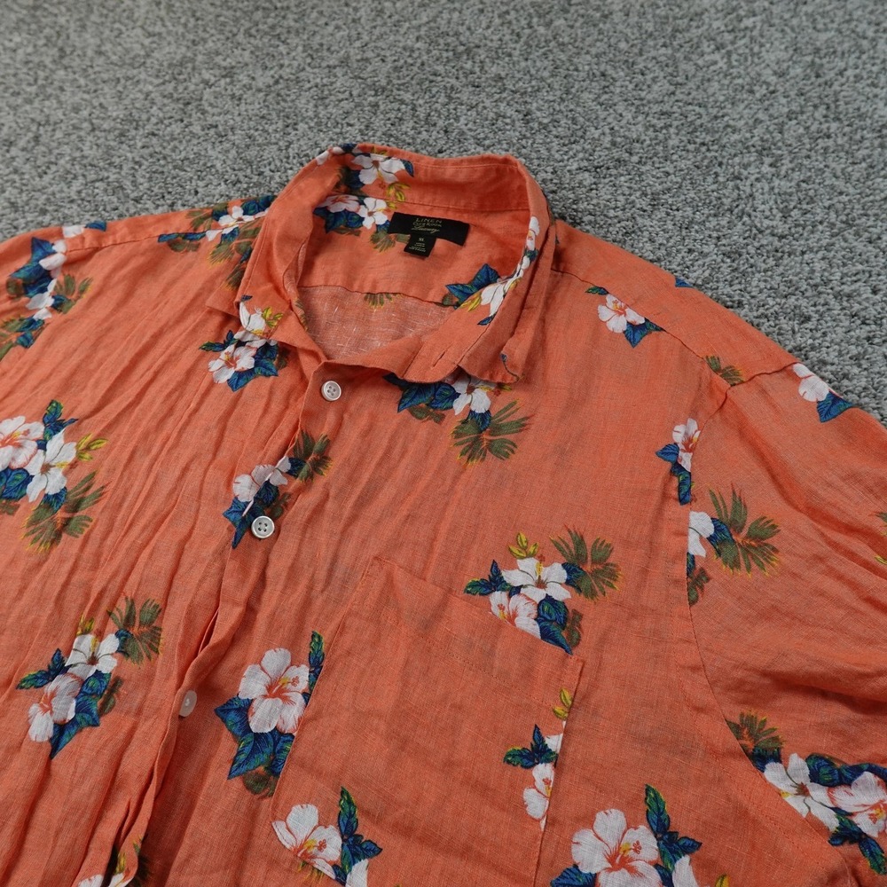 Club Room Shirt Mens XL Orange Linen Hawaiian Floral Short Sleeve Button Up Camp
